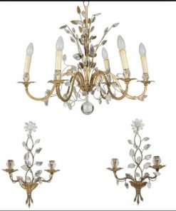 1950/70 Lustre Et Paire d&rsquo;Appliques Maison Baguès Feuillage Et Fleurs