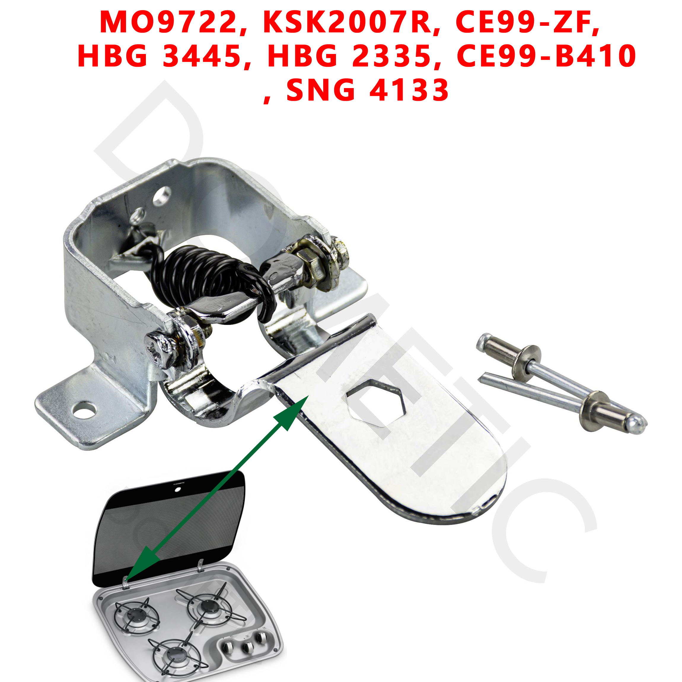 Dometic, charnière complète avec resort pour plaque en verre de réchauds, ou gaziniere Dometic MO9722, KSK2007R, CE99-ZF, HBG 3445, HBG 2335, CE99 B410, SNG 4133
